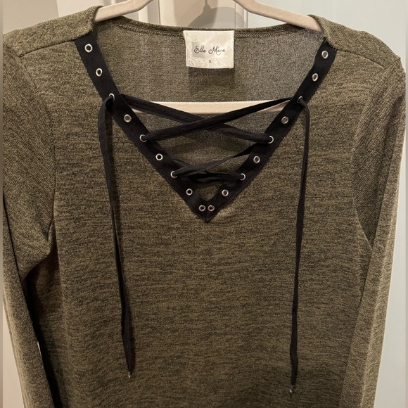 Ella Mara Anthropologie Olive Lace-Up Knit Sweater Size Small Boho Casual - Picture 3 of 13